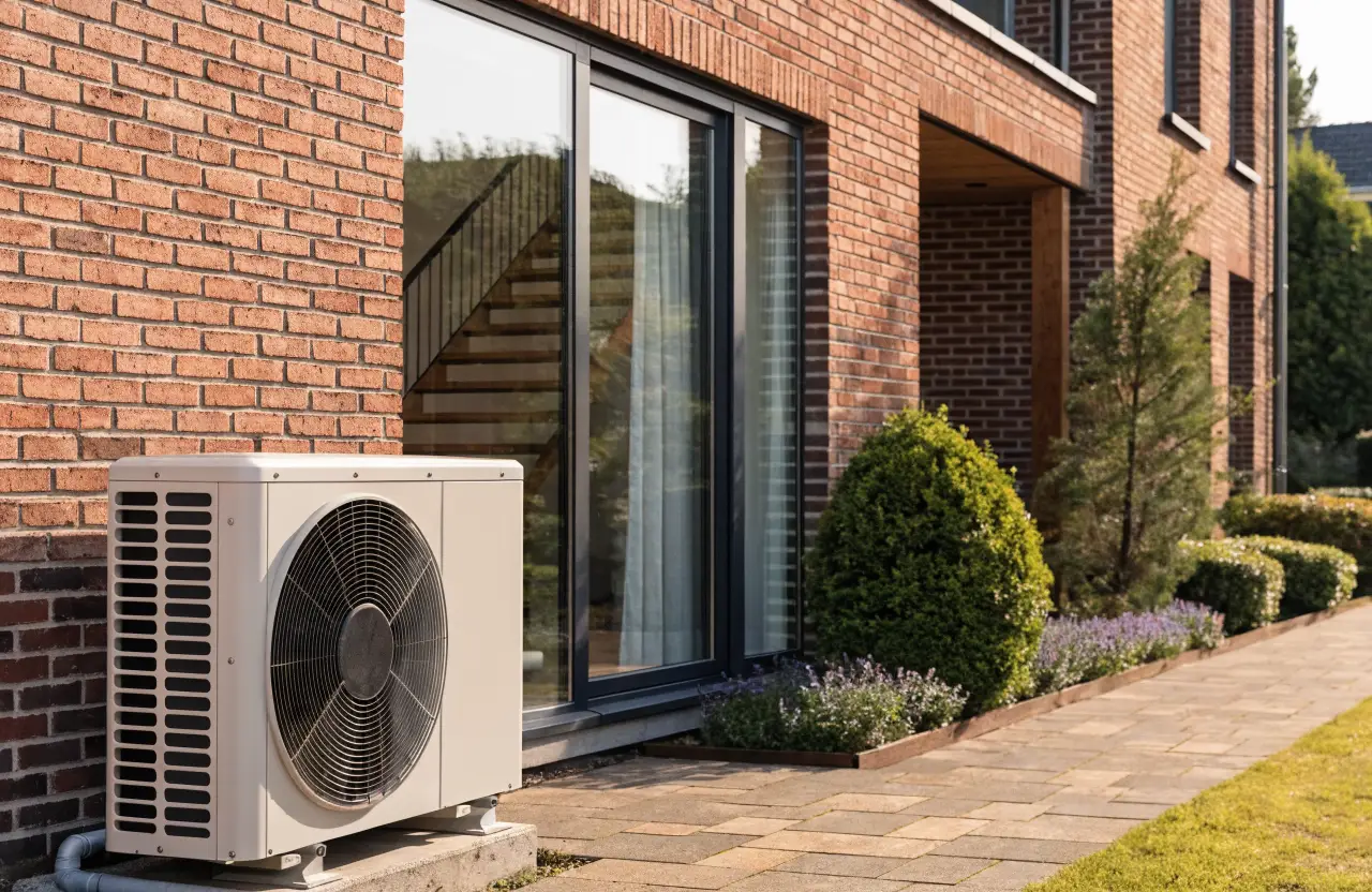 Hybride warmtepomp buitenunit bij een moderne woning in Gent