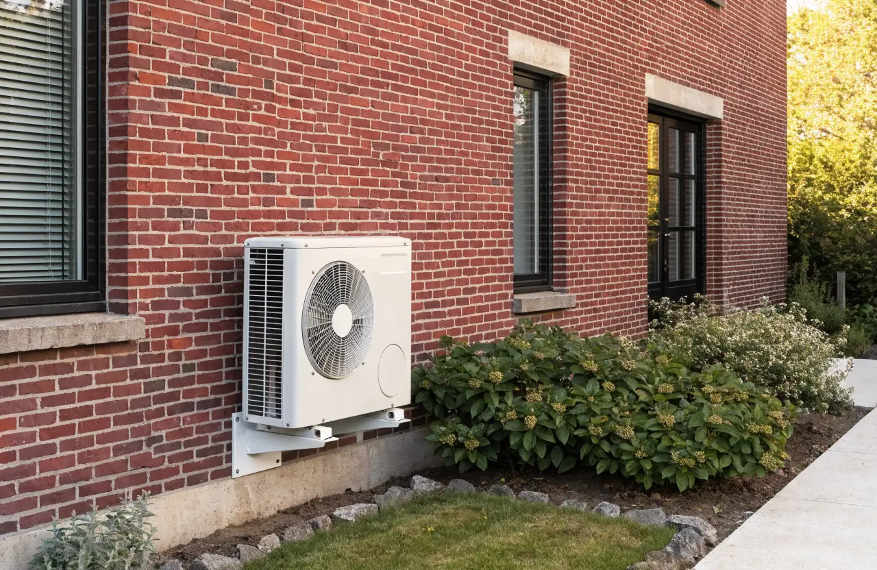 Lucht-water warmtepomp buitenunit aan een Gentse bakstenen gevel