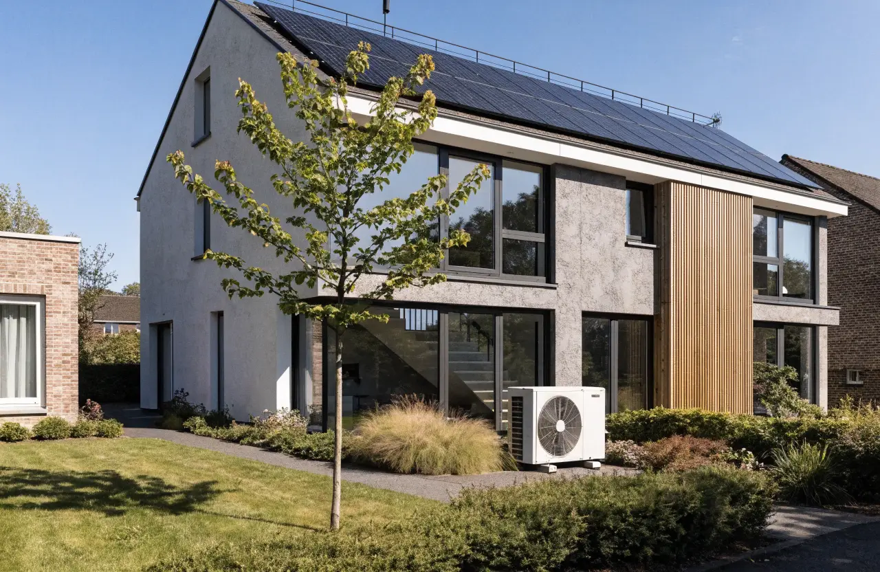 Warmtepomp gecombineerd met zonnepanelen op een moderne woning